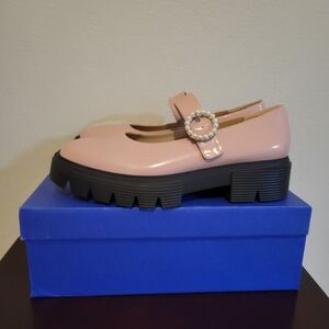 Stuart Weitzman Pink Patent Mary Jane Clogs with Pearl Buckle Accent